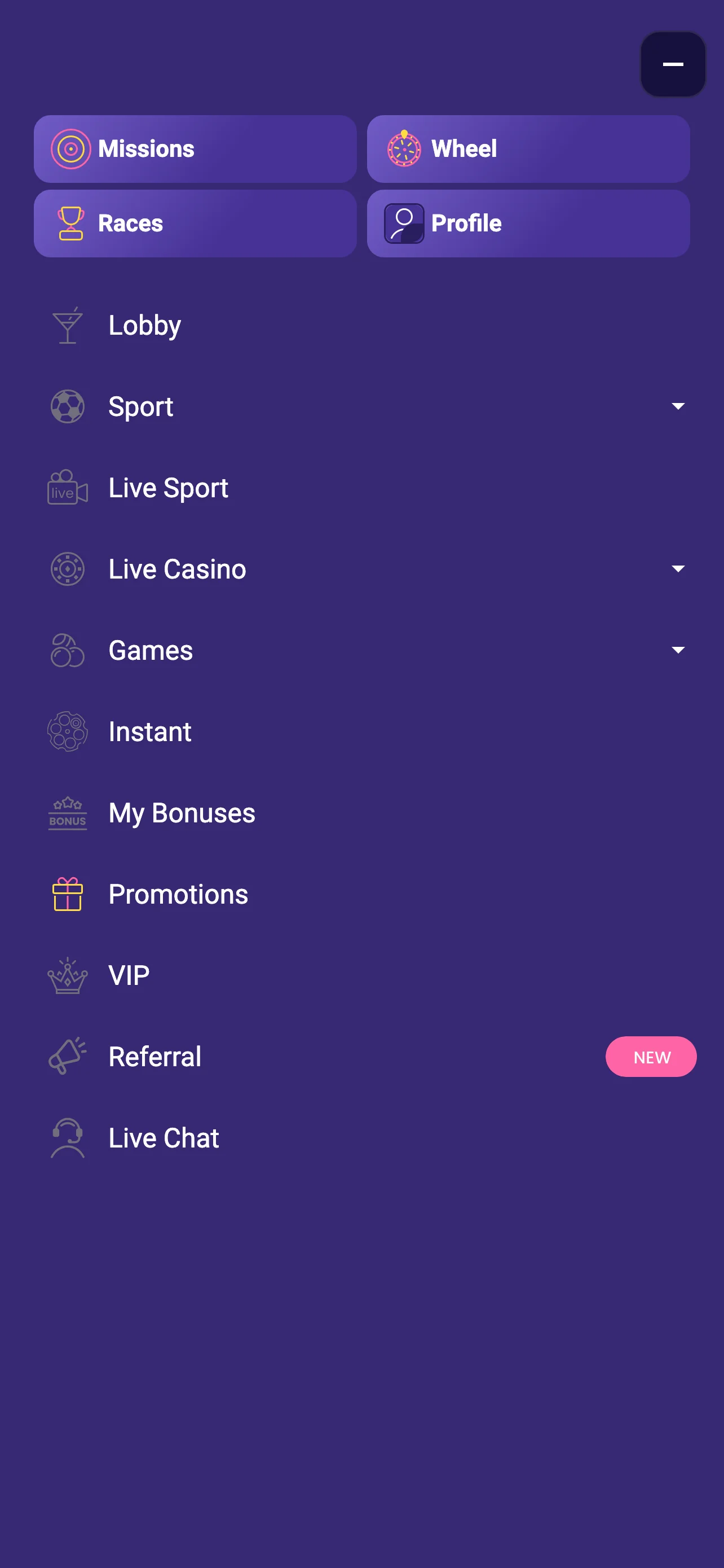 Hoofdmenu van de Lalabet mobiele app