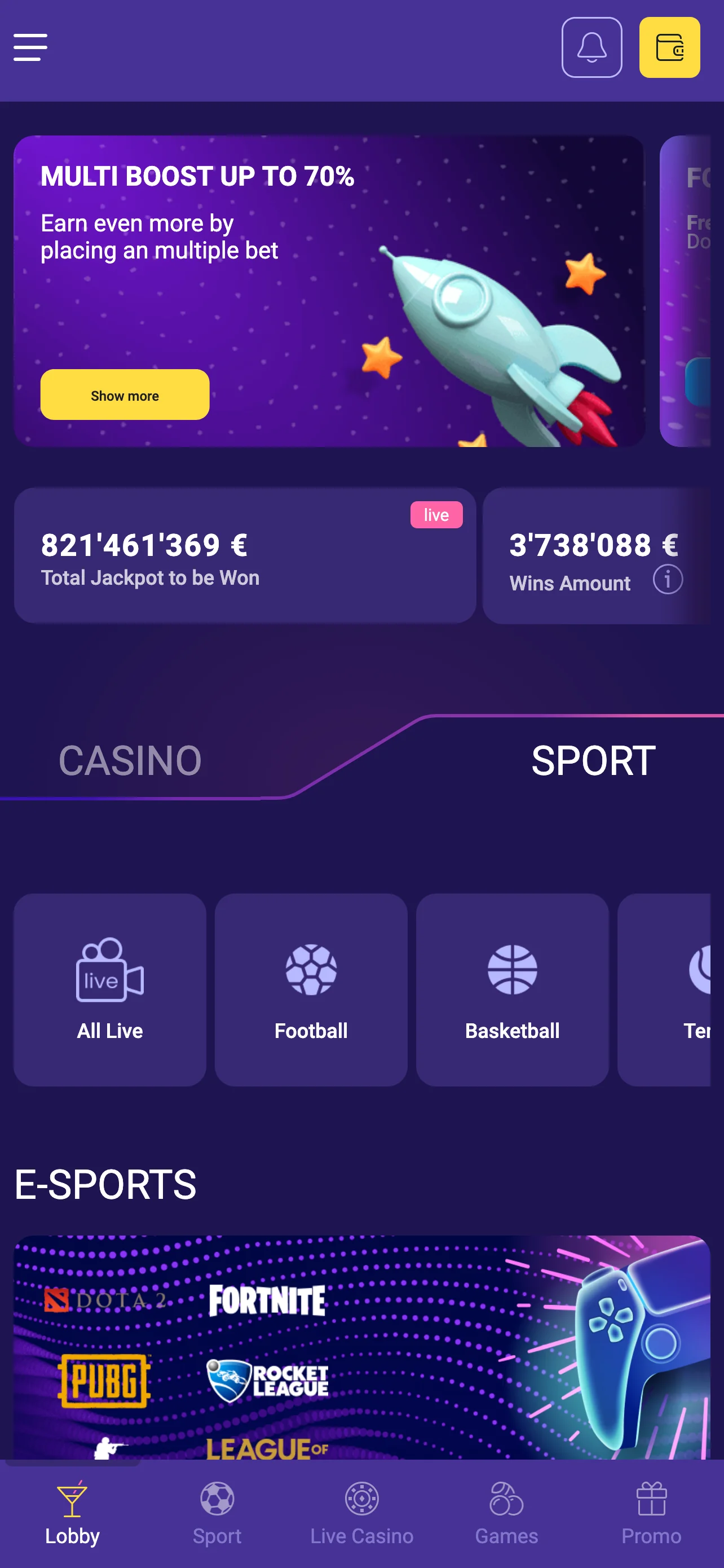 Startpagina van de Lalabet mobiele app
