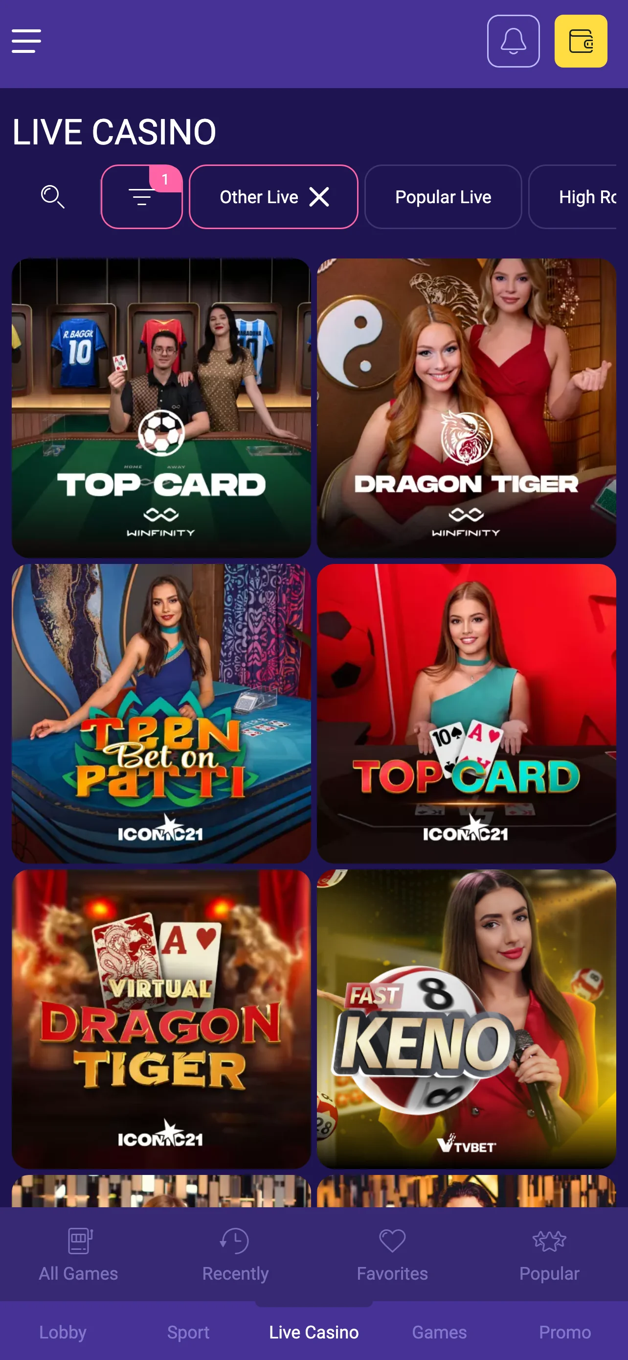 Verschillende live dealer spellen in de Lalabet mobiele app